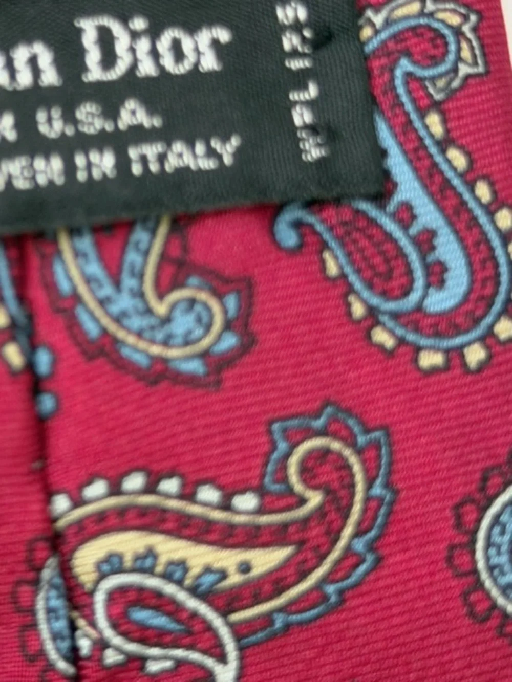 Vintage Christian Dior Silk Paisley Tie  Red Maroon Red Blue Gold Jacquard